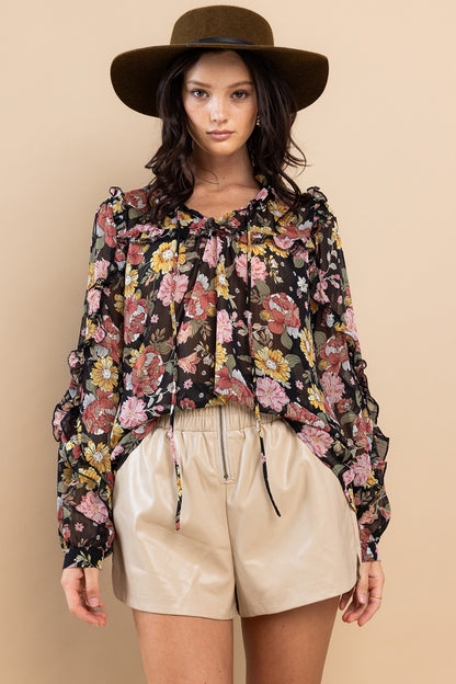 Ces Femme Ruffle Trim Long Sleeve Floral Blouse