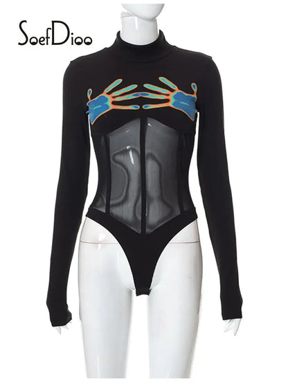 See Through Black Long Sleeve Bodysuit